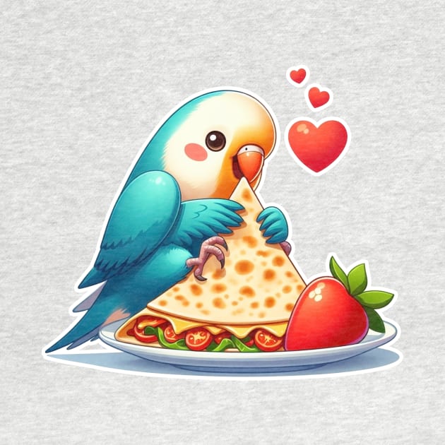 cute love birds are eating Mexican specialties, Tacos, Burritos, Enchiladas, Quesadillas, Guacamole, Fajitas, Chiles Rellenos, Tamales, Mole, Chilaquiles, by art poo